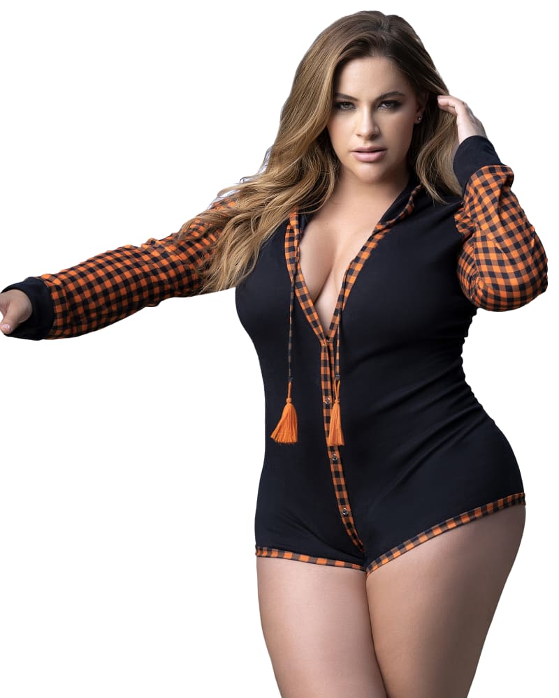 Front of a model wearing a size 1X/2X Kayla Tassel Sleep Romper in Black/Orange Ginham by Mapalé. | dia_product_style_image_id:271799